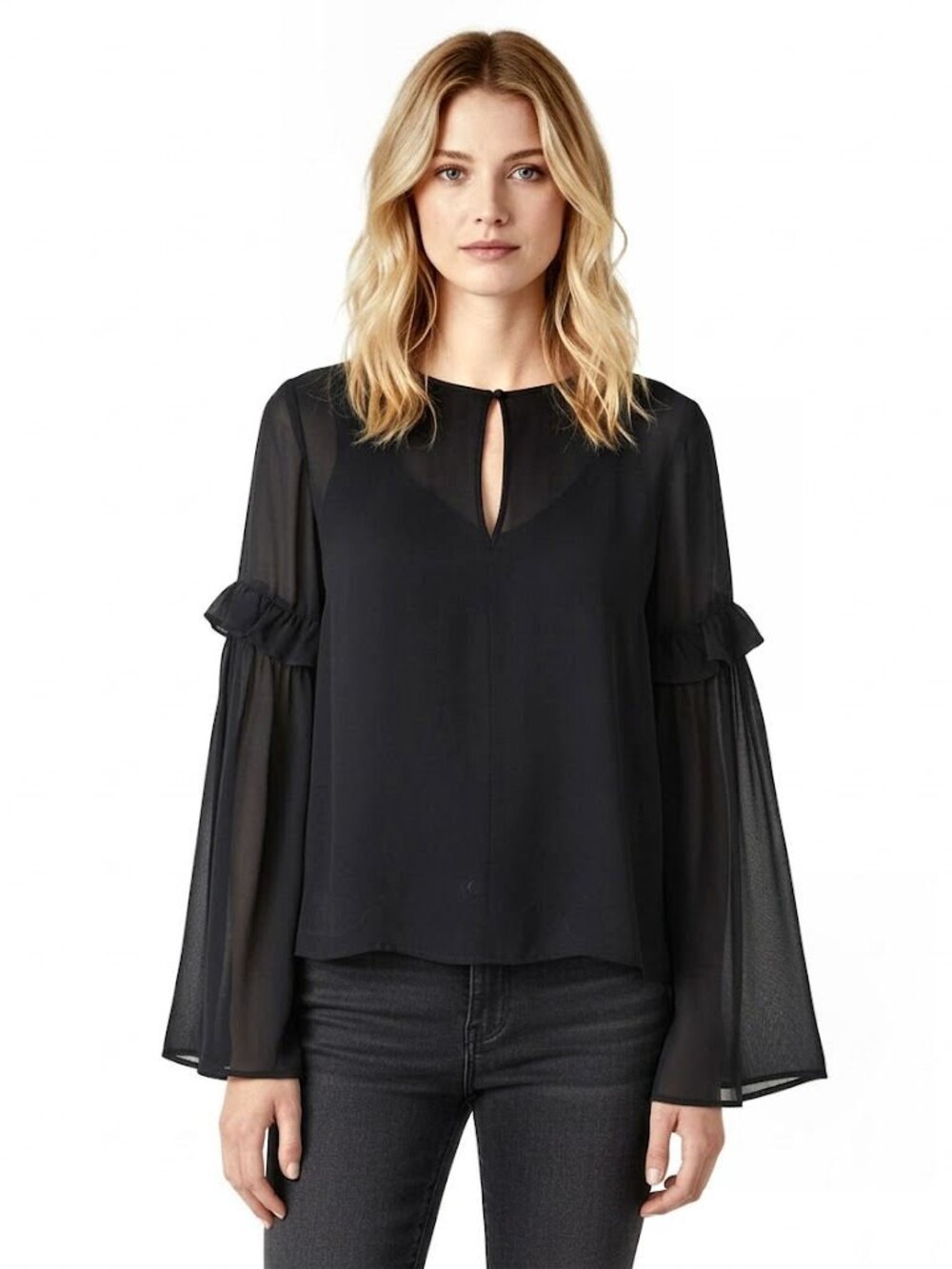 Lush Ruffle Bell Sleeve Blouse, Sheer, Navy Blue, Size Small NWT